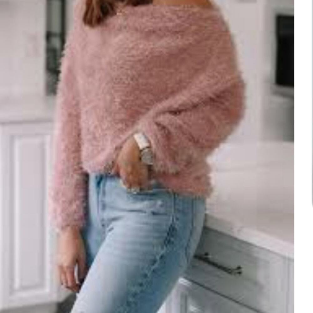 CHICOS PEACHY/TAN FUZZY POLY BLEND SWEATER SIZE 1 (MED)